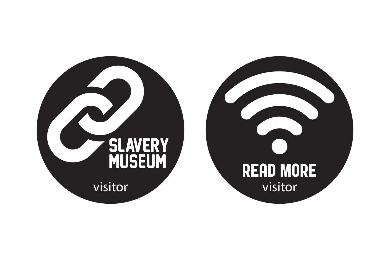 Two labels, one that reads Slavery Museum and has a chain icon, and another that says Read More and has a wifi icon
