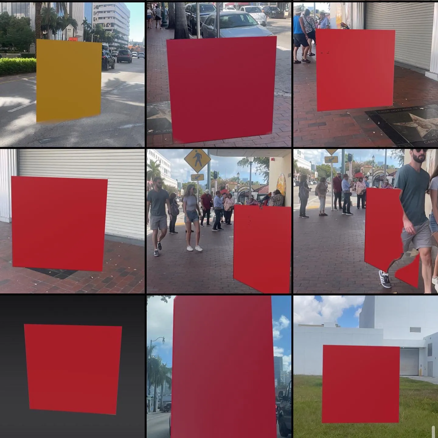 A collage of a red and yellow pixel positioned on open spaces on Miami with AR
