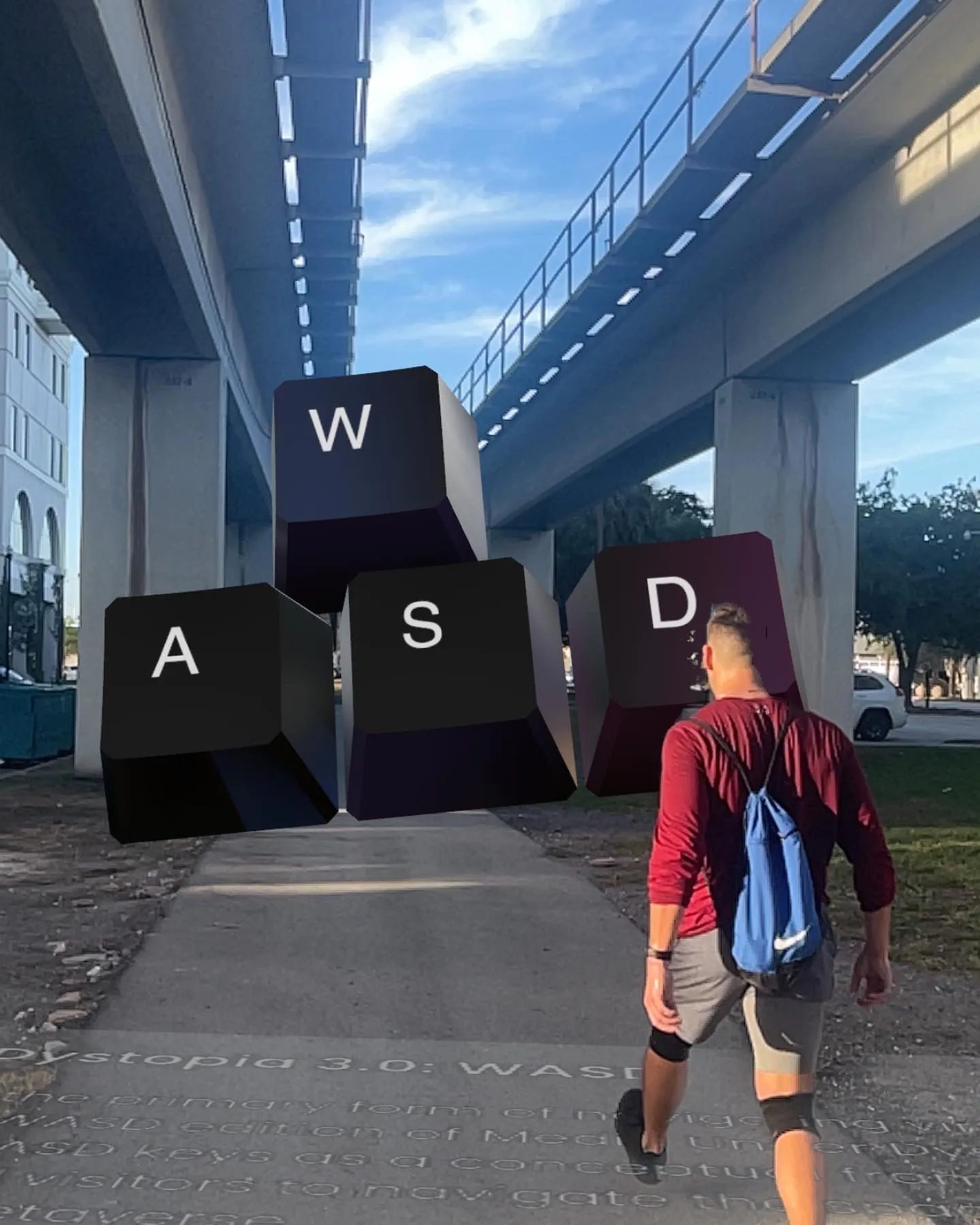 AWSD purple keys, AR object positioned on a street while a man walks in front of it