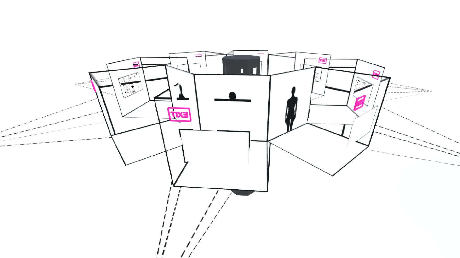A still image of the New Extractivism XR metaverse scene that shows different cubicles with videos where people can enter