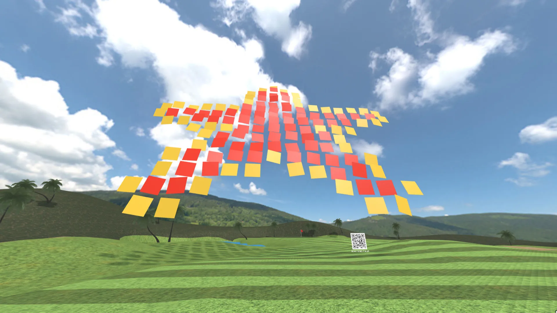 A star formed with red and yellow pixels floating in an open field, an example picture of an XR scene in the metaverse