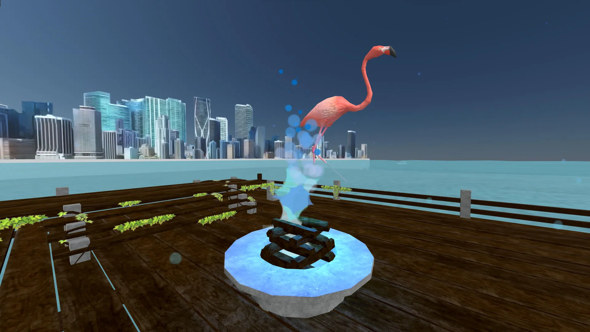 A still image of a scene in the metaverse. It shows a giant pink flamingo inside a Miami beach, and a view of some skyscrapers from a boat on the same beach