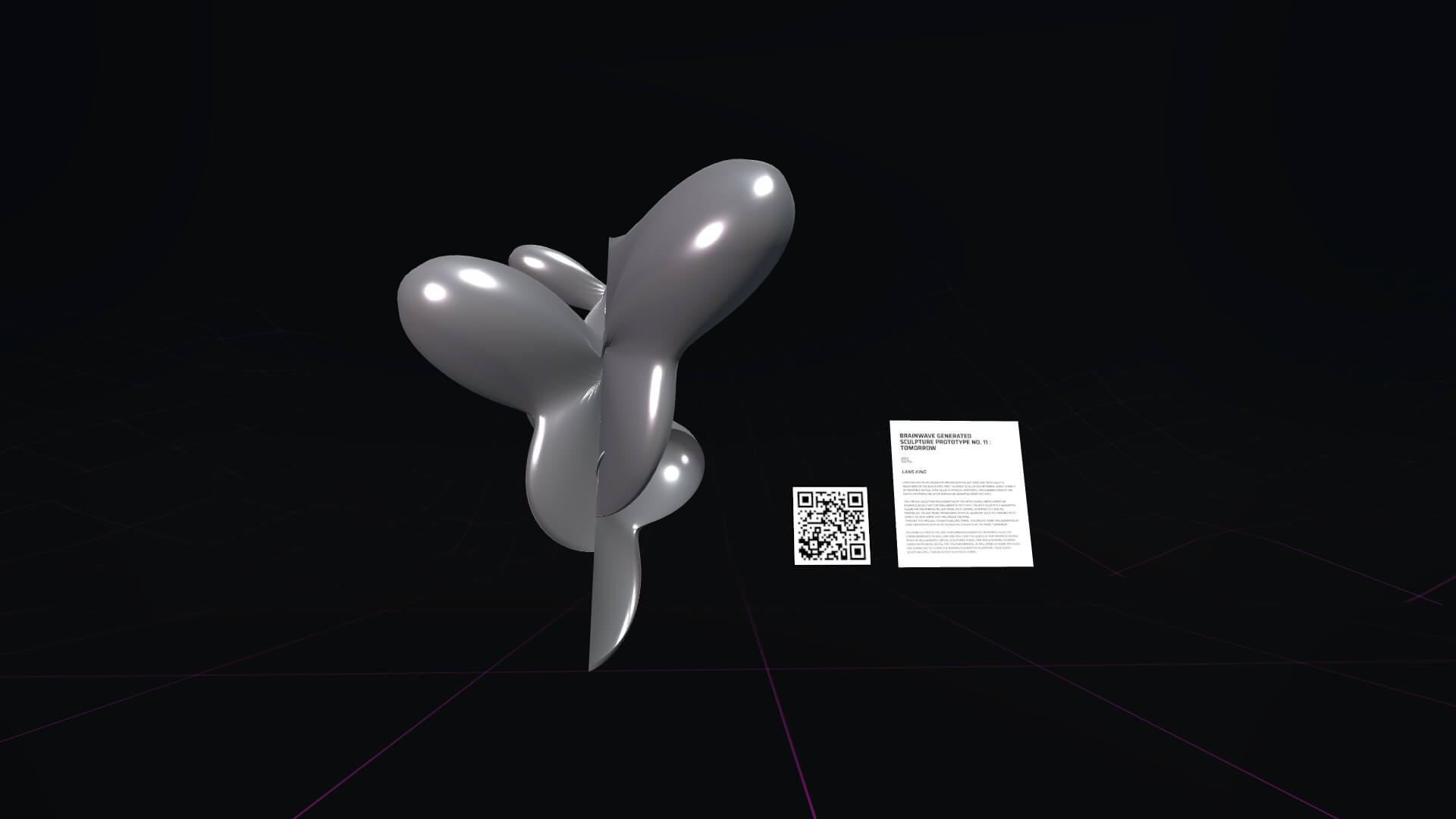 A still image of a scene in the metaverse, showing a gray sculpture with its QR code and label