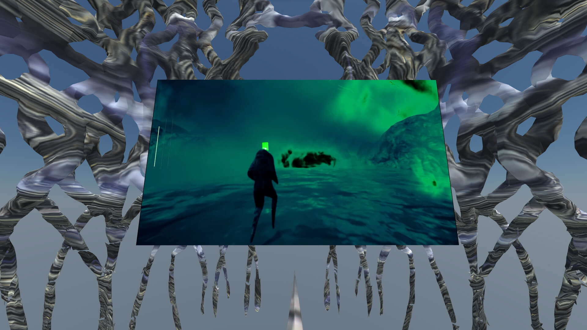 A still image of a scene in the metaverse, showing a 3D image of an avatar in a video game standing