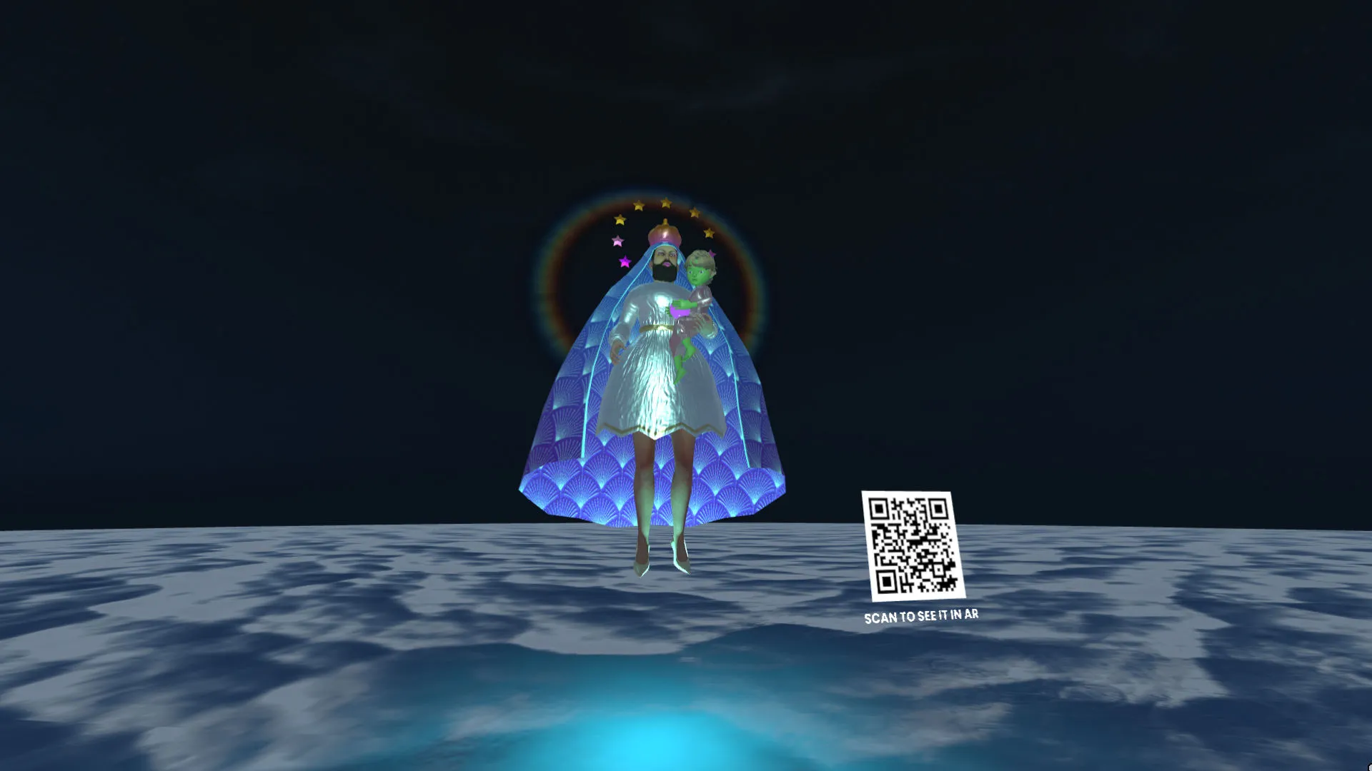 A depiction of a virgin in drag floating in an open sea, XR metaverse scene for the Dragvatar piece
