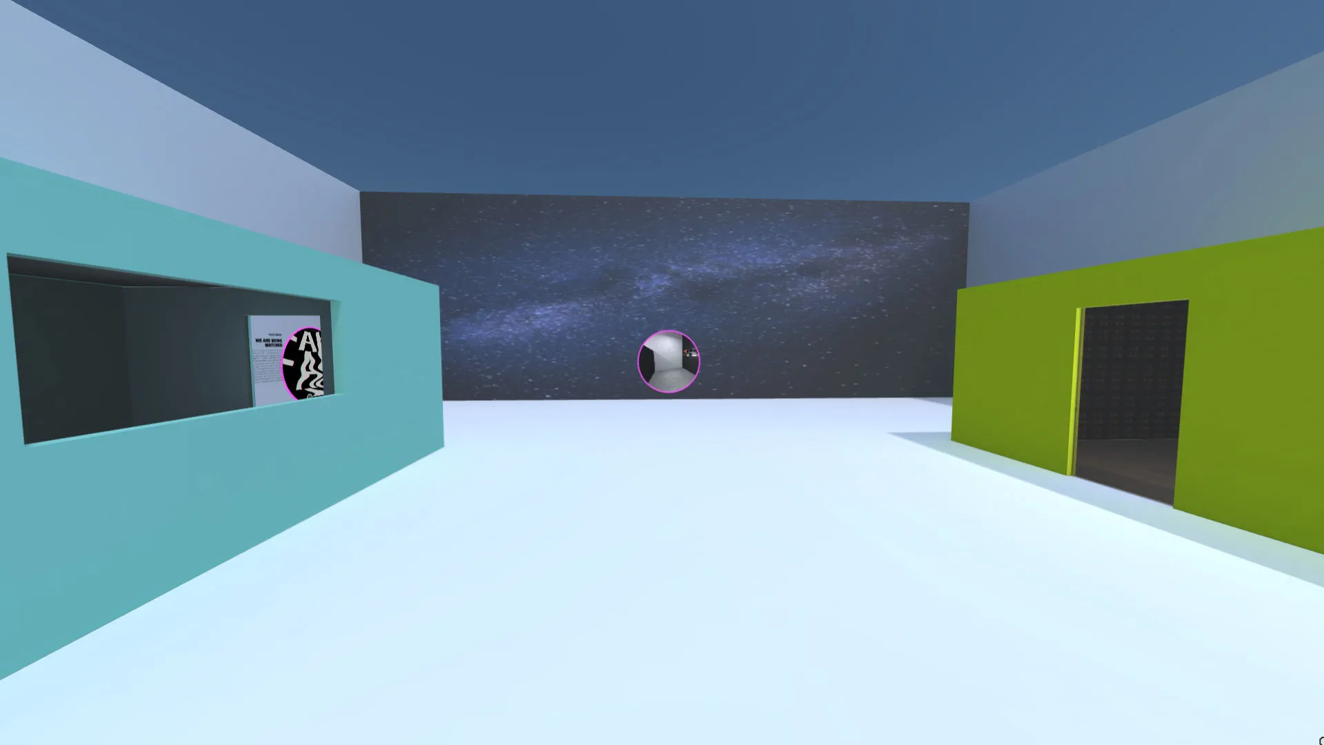 An image of a scene in the metaverse that shows 3 walls and two rooms, in the walls you can see portals for the other metaverse rooms