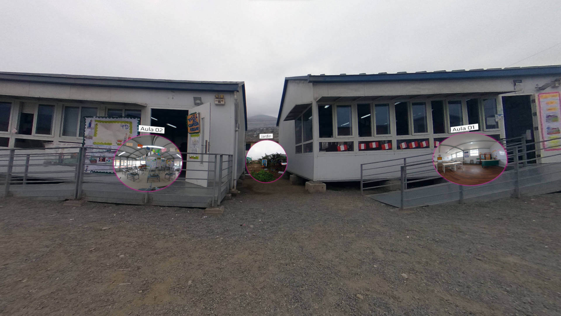 A still image of a scene in the metaverse, it shows two prefabricated classrooms and portals leading to these classrooms' scenes 