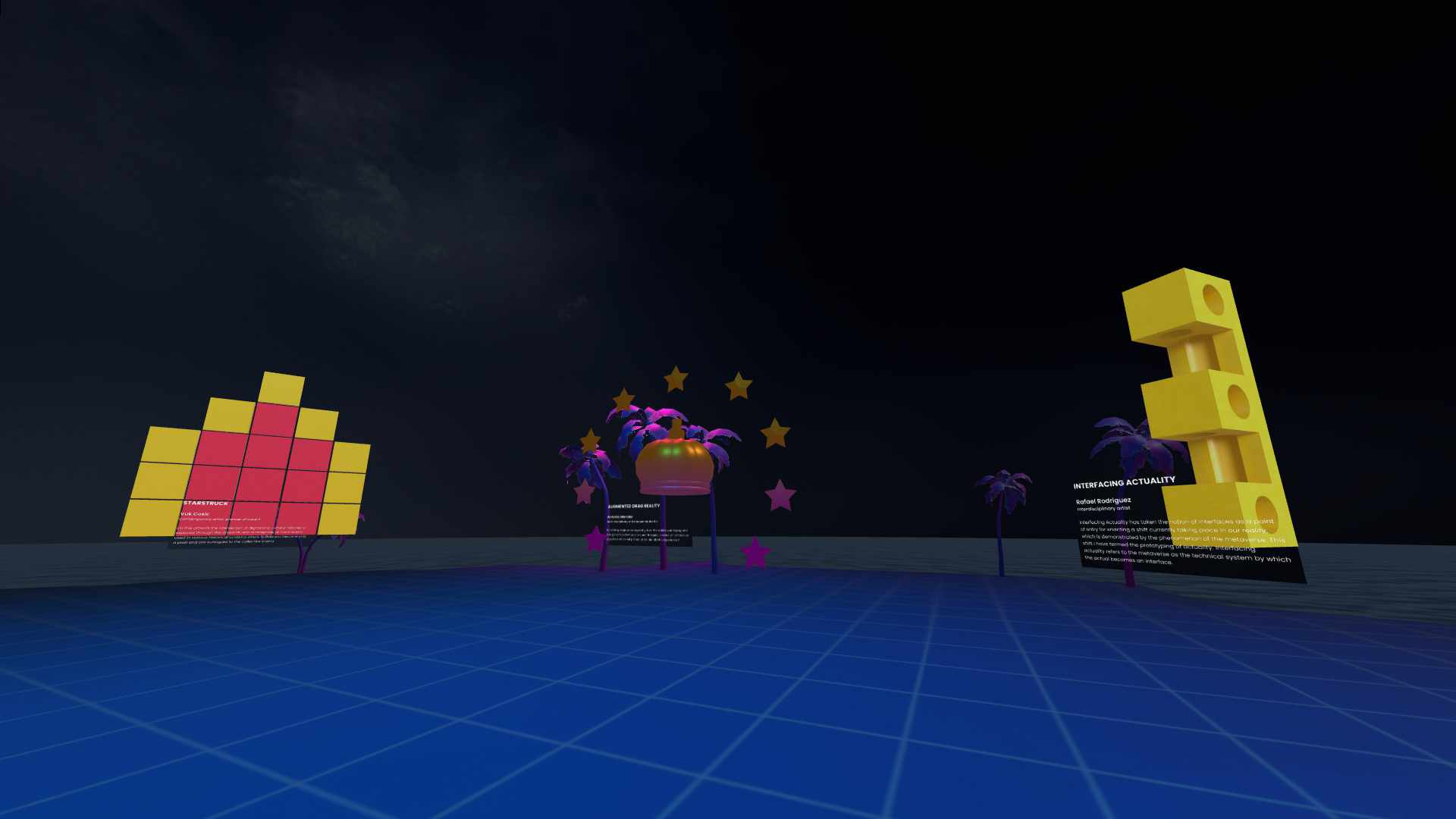 A still image of the Silicon Beach scene in the metaverse, showing different portals to other scenes
